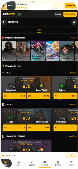 Esports in the Melbet casino app for users.