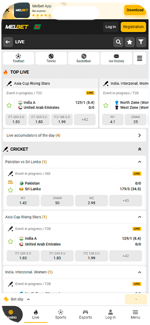 Melbet mobile application main page.